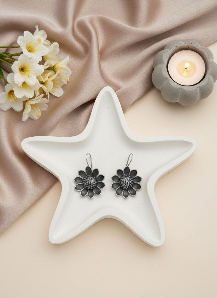 Silver Oxidized Sunflower Drop Hook Earrings for Women - All Occasions