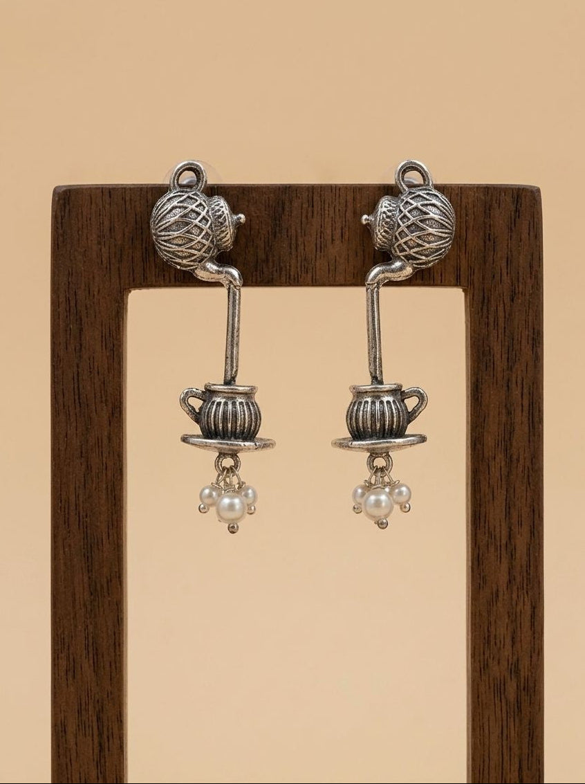 Silver Oxidized Tea Kettle & Teacup Earrings with Pearl Drops for Women – Contemporary Fusion Wear
