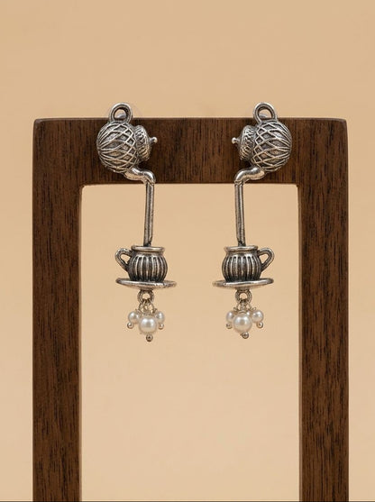 Silver Oxidized Tea Kettle & Teacup Earrings with Pearl Drops for Women – Contemporary Fusion Wear