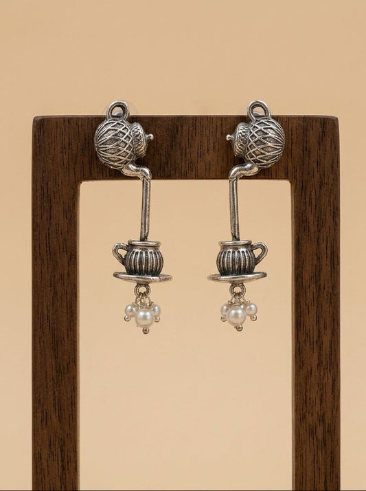 Silver Oxidized Tea Kettle & Teacup Earrings with Pearl Drops for Women – Contemporary Fusion Wear