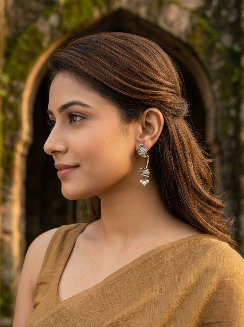 Silver Oxidized Tea Kettle & Teacup Earrings with Pearl Drops for Women – Contemporary Fusion Wear