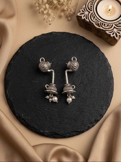 Silver Oxidized Tea Kettle & Teacup Earrings with Pearl Drops for Women – Contemporary Fusion Wear