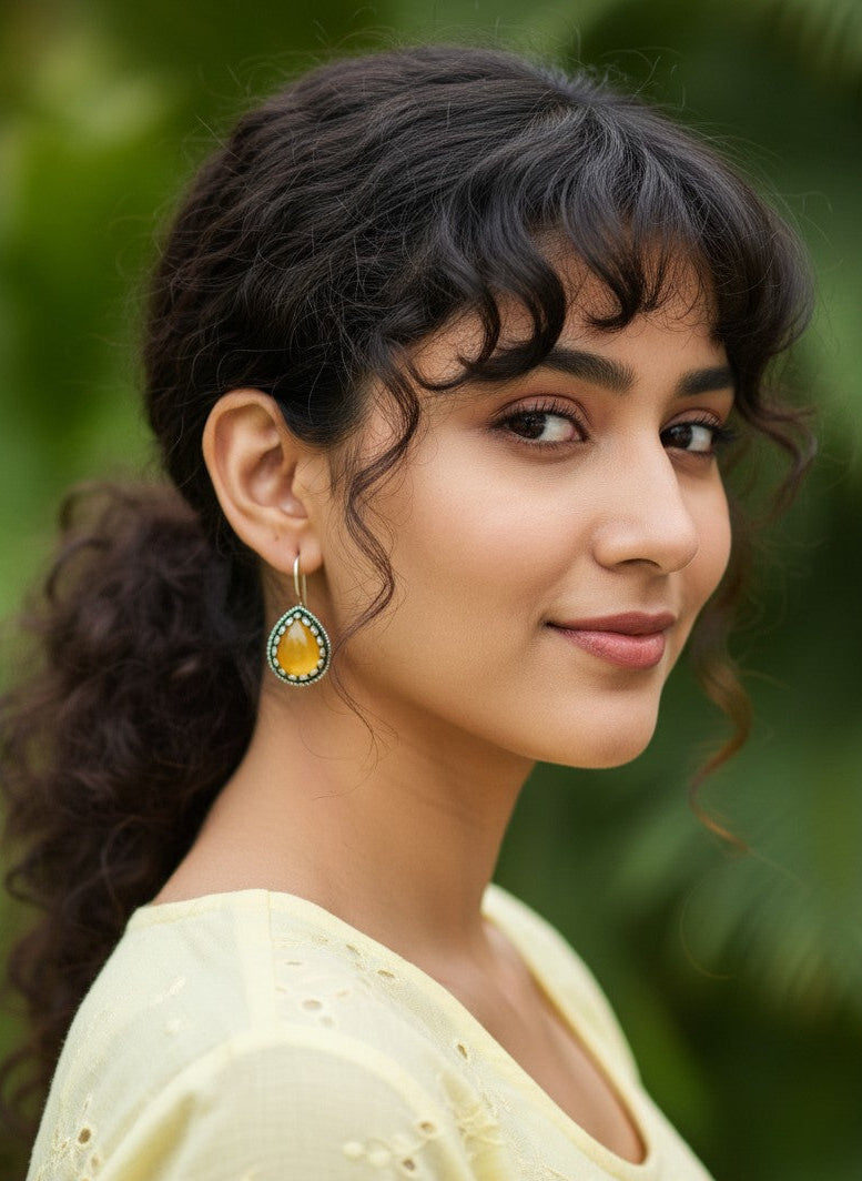 Model wearing Silver Oxidized Teardrop Yellow Stone Hook Earrings with Beaded Detailing for Women - Everyday Wear