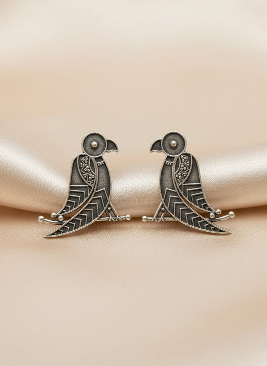 Silver Oxidized Tribal Bird Art Statement Earrings for Women - All occasions
