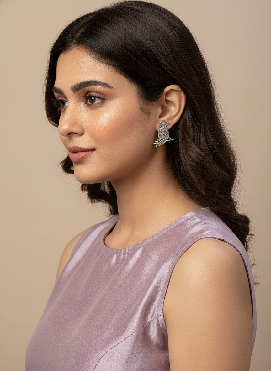 Silver Oxidized Tribal Bird Art Statement Earrings for Women - All occasions