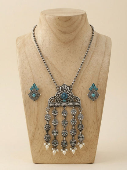 Silver Oxidized Tribal Pendant Necklace Set with Turquoise Stones & Pearl Embellishments for Women - Ethnic Wear