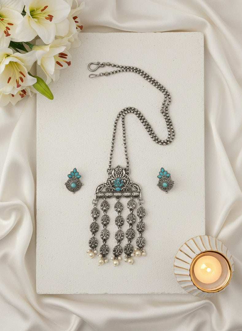 Silver Oxidized Tribal Pendant Necklace Set with Turquoise Stones & Pearl Embellishments for Women - Ethnic Wear