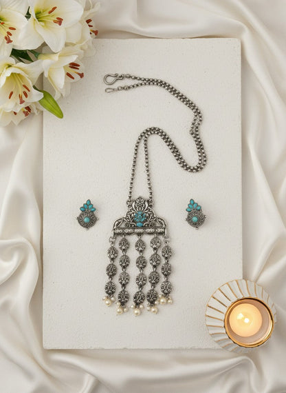 Silver Oxidized Tribal Pendant Necklace Set with Turquoise Stones & Pearl Embellishments for Women - Ethnic Wear