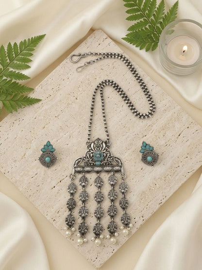 Silver Oxidized Tribal Pendant Necklace Set with Turquoise Stones & Pearl Embellishments for Women - Ethnic Wear