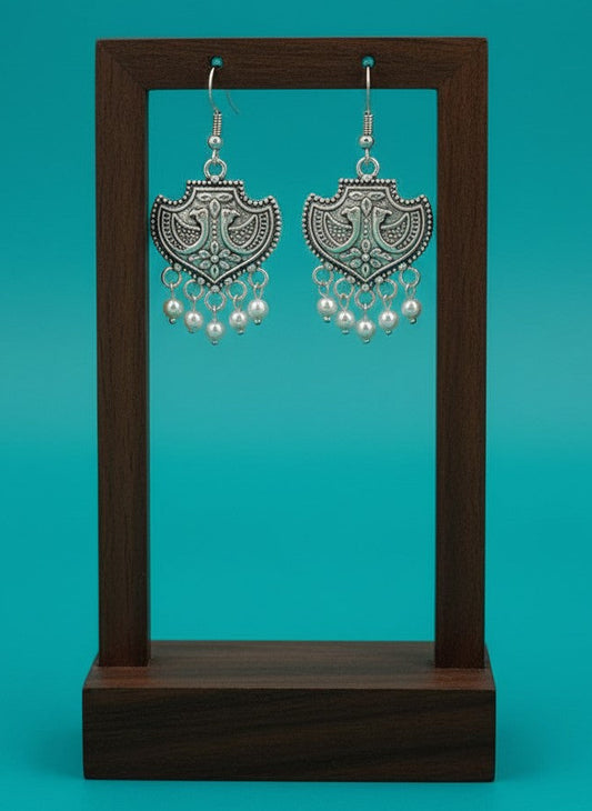 Silver Oxidized Tribal Shield Pearl Drop Hook Earrings for Women - All Occasions wear