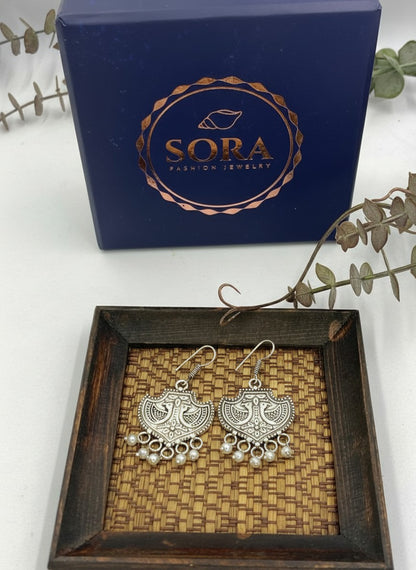 Silver Oxidized Tribal Shield Pearl Drop Hook Earrings for Women - All Occasions wear