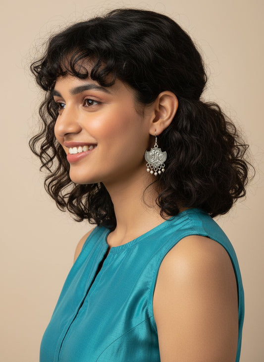 Silver Oxidized Tribal Shield Pearl Drop Hook Earrings for Women - All Occasions wear