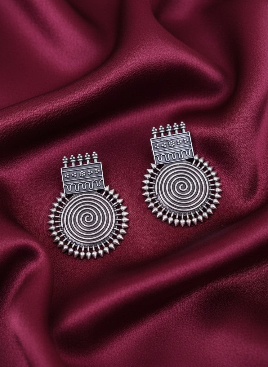 Silver Oxidized Tribal Spiral Statement Stud Earrings for Women - Daily Wear