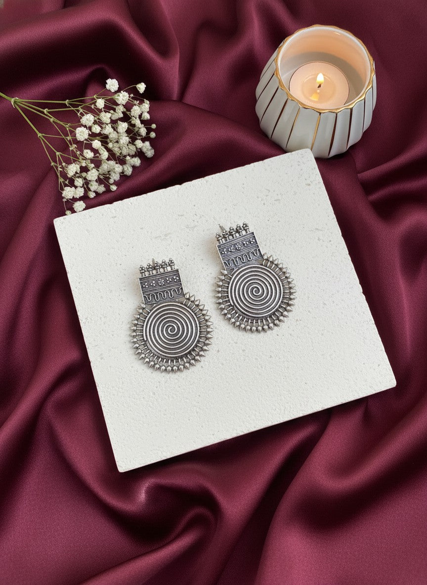Silver Oxidized Tribal Spiral Statement Stud Earrings for Women - Daily Wear