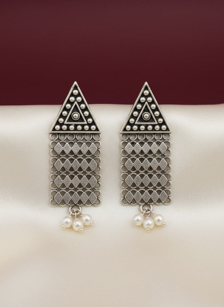 Silver Oxidized Tribal Triangle Drop Earrings with Chain Tassels & Pearl Drops for Women - Everyday Wear