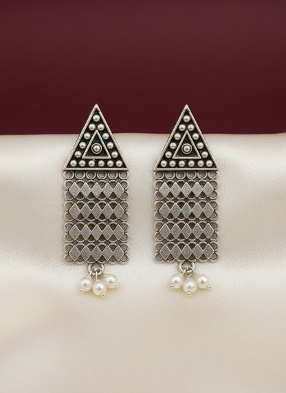 Silver Oxidized Tribal Triangle Drop Earrings with Chain Tassels & Pearl Drops for Women - Everyday Wear