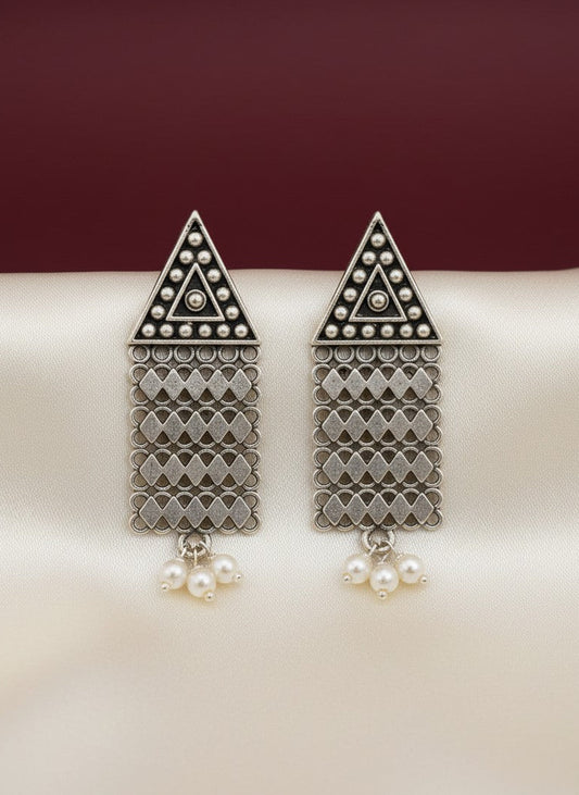 Silver Oxidized Tribal Triangle Drop Earrings with Chain Tassels & Pearl Drops for Women - Everyday Wear