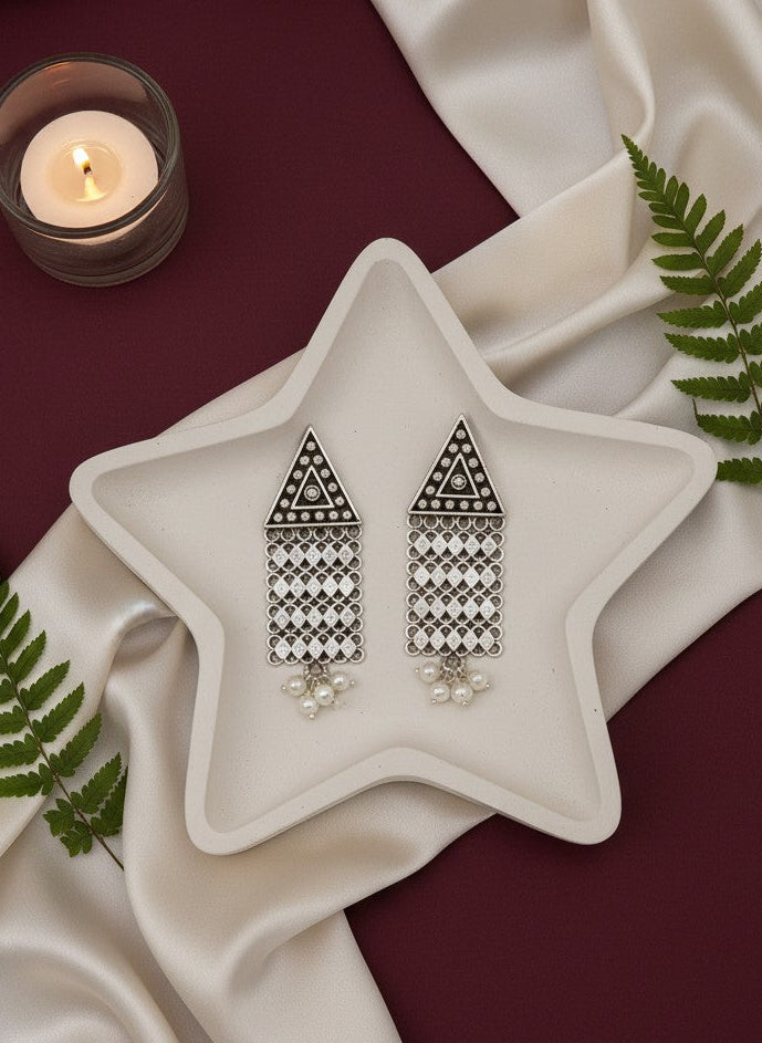 Silver Oxidized Tribal Triangle Drop Earrings with Chain Tassels & Pearl Drops for Women - Everyday Wear