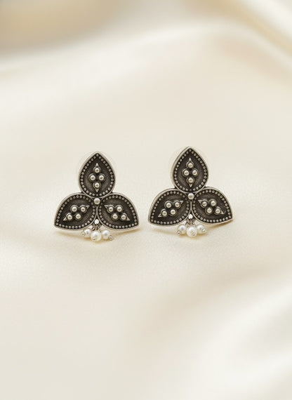 Silver Oxidized Triple Leaf Stud Earrings with Pearl Drops for Women - Everyday Wear 
