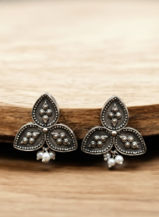 Silver Oxidized Triple Leaf Stud Earrings with Pearl Drops for Women - Everyday Wear 

