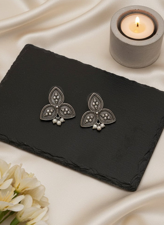 Silver Oxidized Triple Leaf Stud Earrings with Pearl Drops for Women - Everyday Wear 
