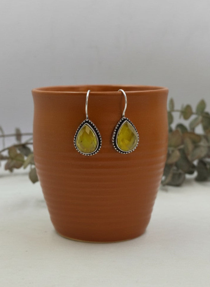 Silver Oxidized Yellow Teardrop Stone Hook Earrings for Women - Minimal Wear
