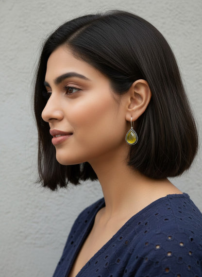 Silver Oxidized Yellow Teardrop Stone Hook Earrings for Women - Minimal Wear