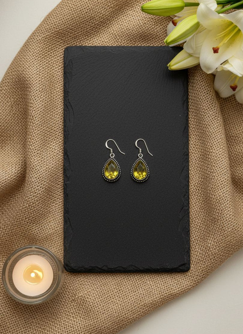 Silver Oxidized Yellow Teardrop Stone Hook Earrings for Women - Minimal Wear