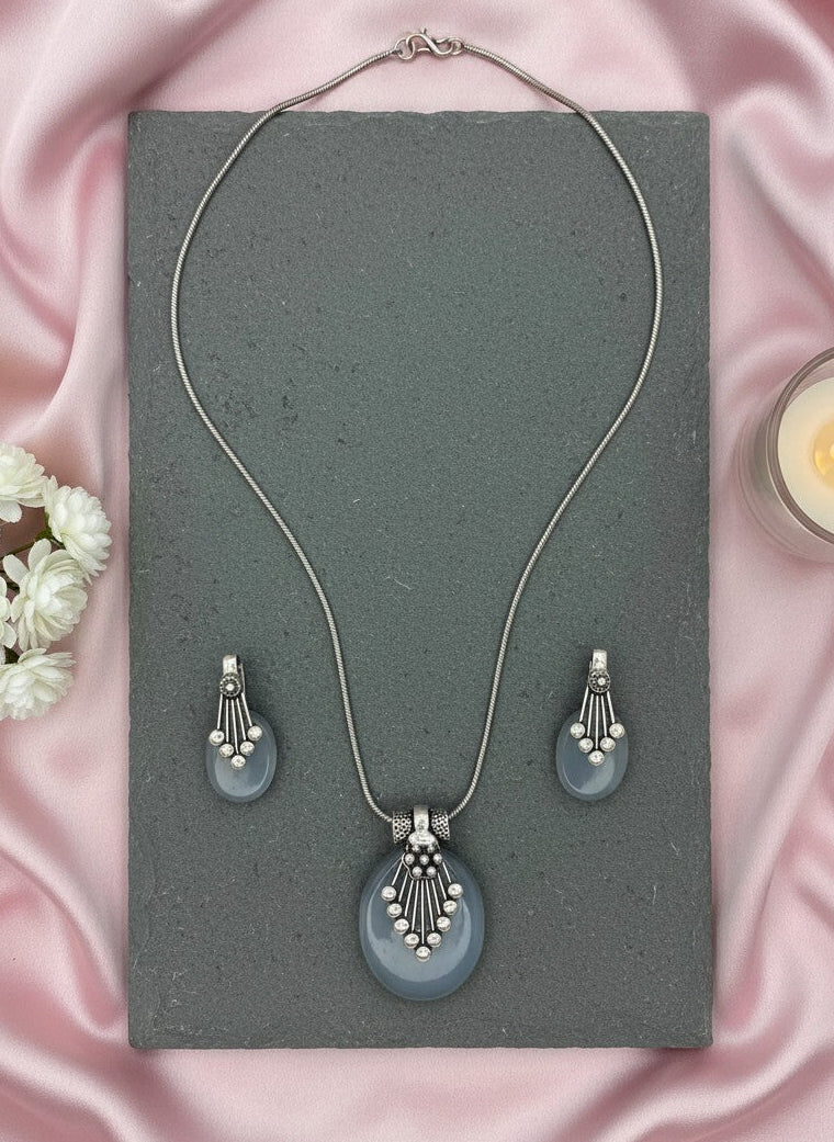 Silver Oxidized neck chain pendant necklace set in Oval Grey Monalisa Stones for Women - Everyday Wear