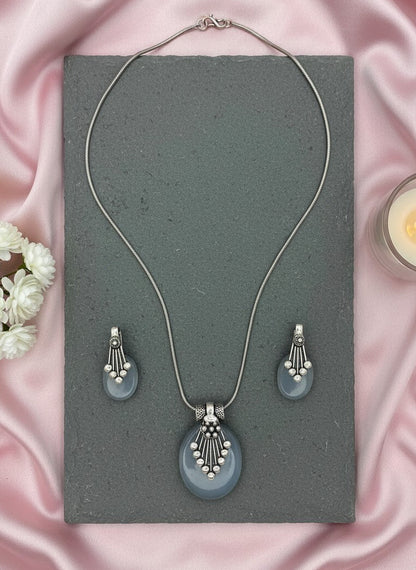Silver Oxidized neck chain pendant necklace set in Oval Grey Monalisa Stones for Women - Everyday Wear