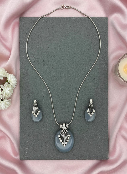 Silver Oxidized neck chain pendant necklace set in Oval Grey Monalisa Stones for Women - Everyday Wear