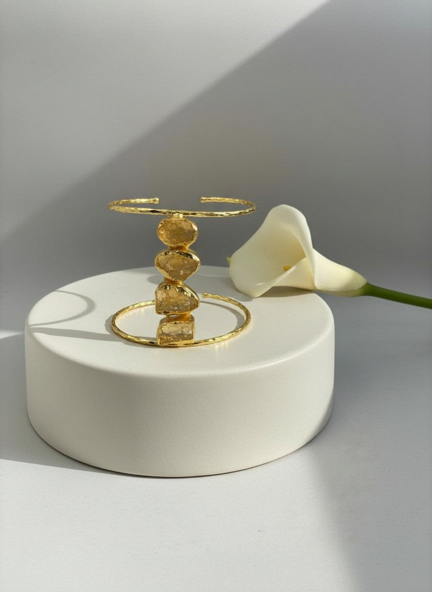 Solis Gold-Plated Citrine Raw Stone Stacked Cuff Bracelet for Women - Special Occasions 