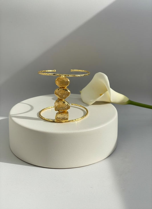 Solis Gold-Plated Citrine Raw Stone Stacked Cuff Bracelet for Women - Special Occasions 
