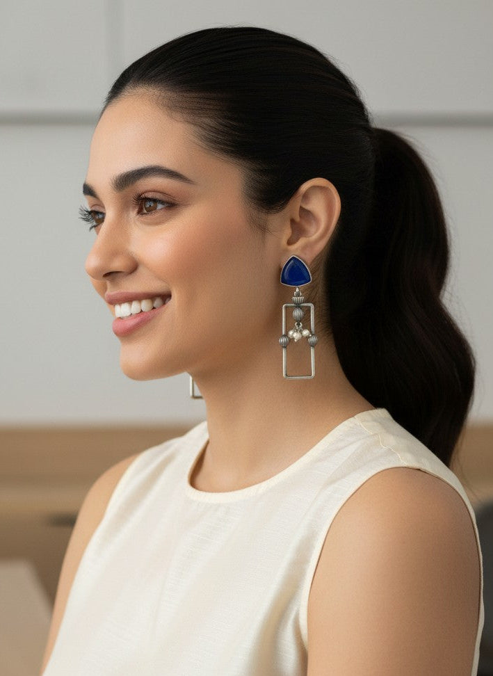 Statement Silver Oxidized Geometric Dangler Earrings with Monalisa Stones and Pearls for Women - All Occasion Wear