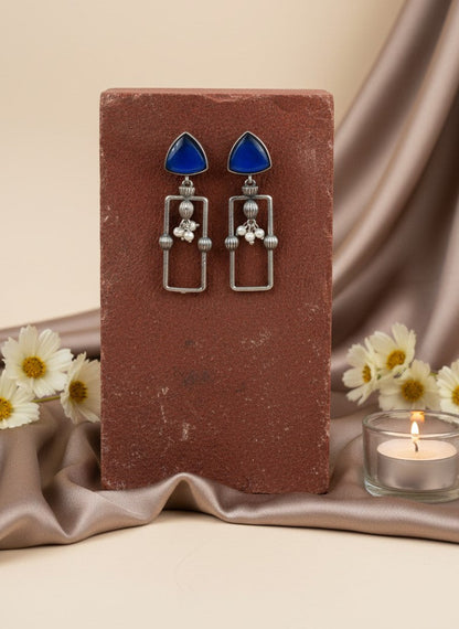 Statement Silver Oxidized Geometric Dangler Earrings with Monalisa Stones and Pearls for Women - All Occasion Wear