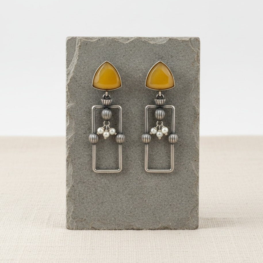Statement Silver Oxidized Geometric Dangler Earrings with Monalisa Stones and Pearls for Women - All Occasion Wear