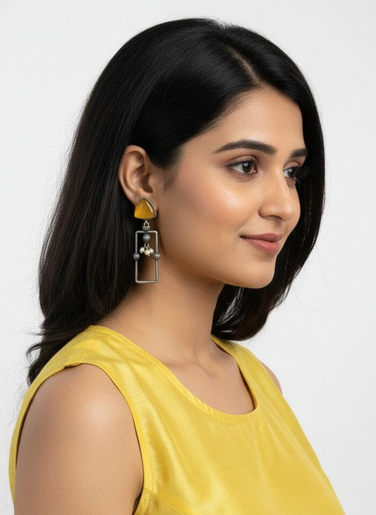 Statement Silver Oxidized Geometric Dangler Earrings with Monalisa Stones and Pearls for Women - All Occasion Wear