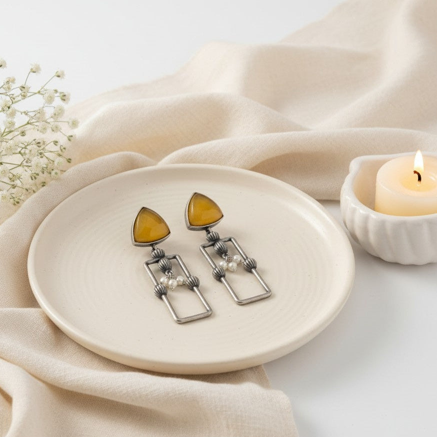 Statement Silver Oxidized Geometric Dangler Earrings with Monalisa Stones and Pearls for Women - All Occasion Wear