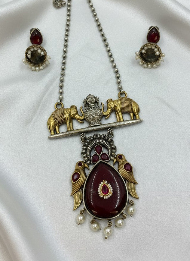 Two Tone Oxidized Necklace set with Elephant motifs and Jhumkis