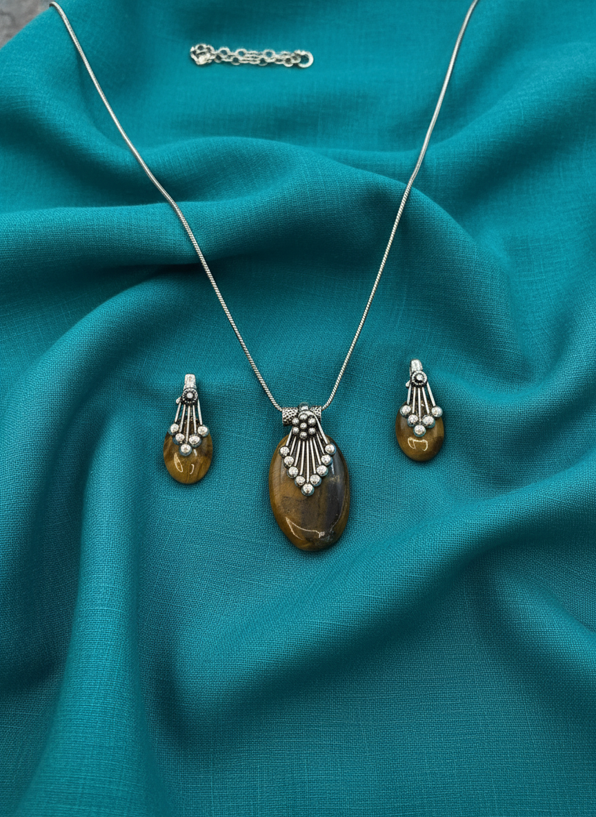 Silver Oxidized Ethnic Chain Necklace set in oval design pattern
