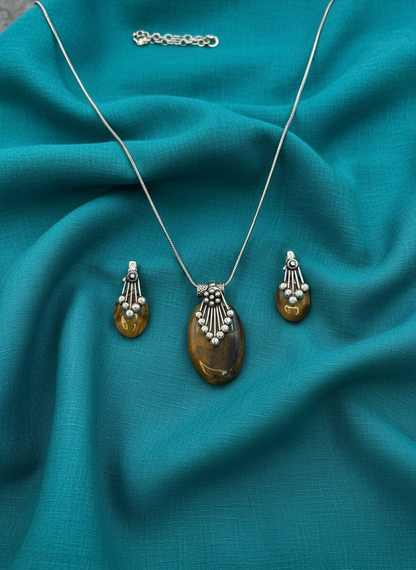 Silver Oxidized Ethnic Chain Necklace set in oval design pattern