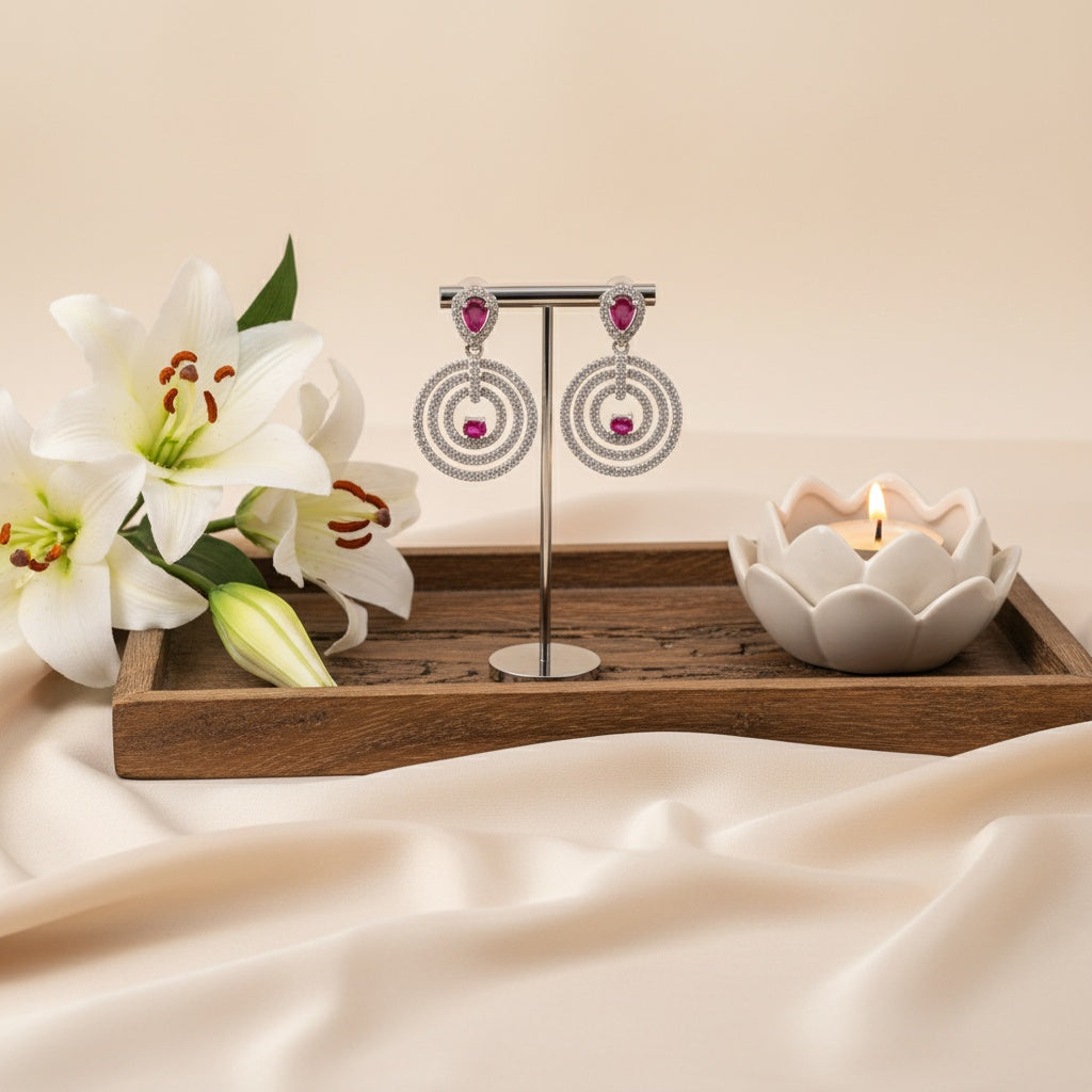 Trendy Silver Plated American Diamond Circular Motif Design Dangler Drop Earrings