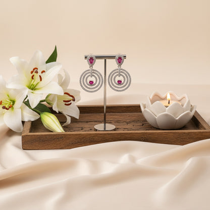 Trendy Silver Plated American Diamond Circular Motif Design Dangler Drop Earrings