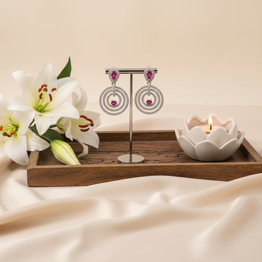 Trendy Silver Plated American Diamond Circular Motif Design Dangler Drop Earrings