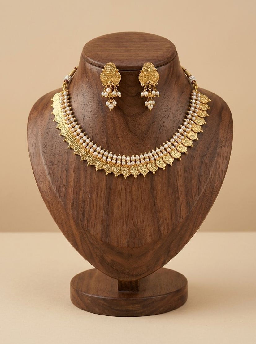Swarna Kaasu Maala South Indian Inspired Gold Plated Coin Choker Set with Pearls for Women - Festive Wear