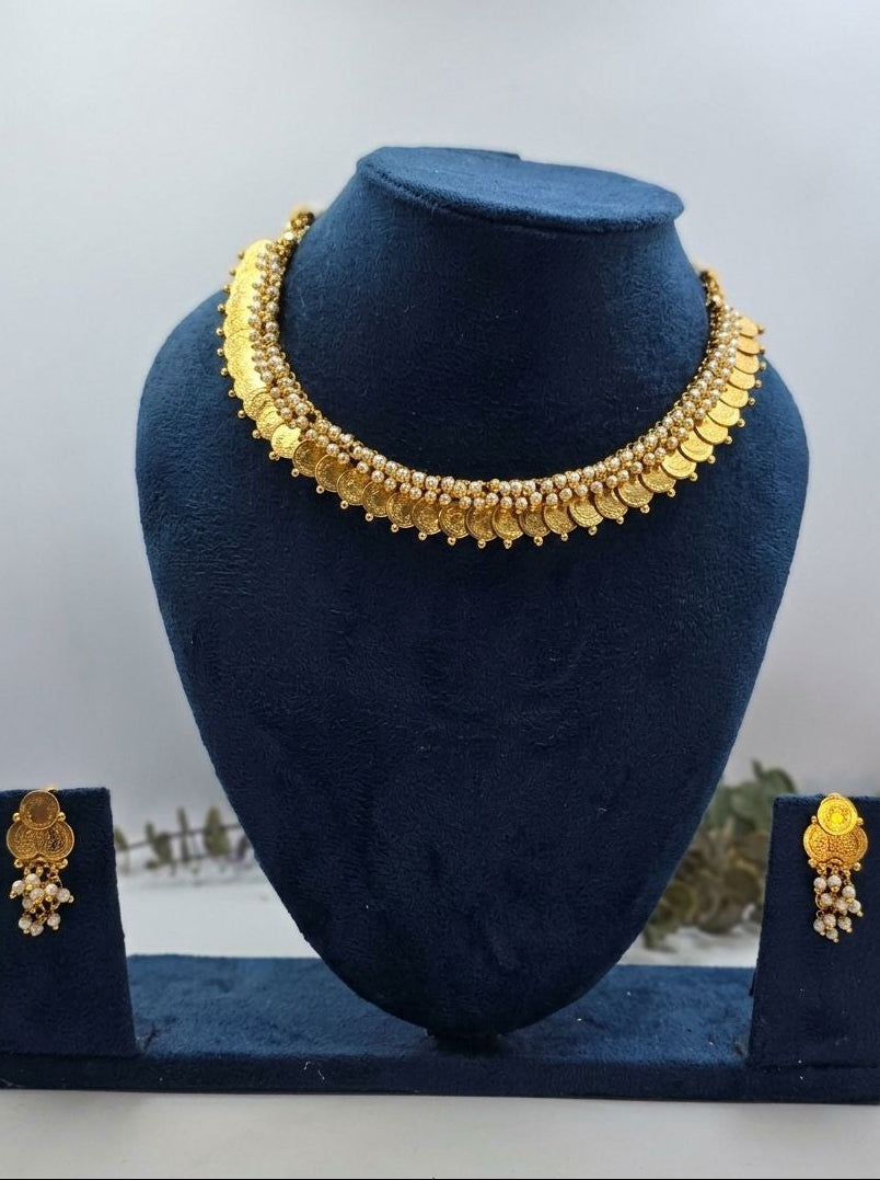 Swarna Kaasu Maala South Indian Inspired Gold Plated Coin Choker Set with Pearls for Women - Festive Wear