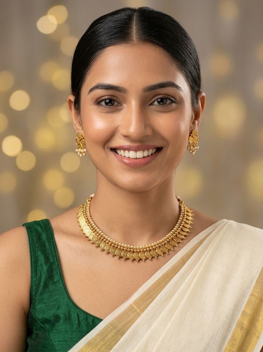 Swarna Kaasu Maala South Indian Inspired Gold Plated Coin Choker Set with Pearls for Women - Festive Wear