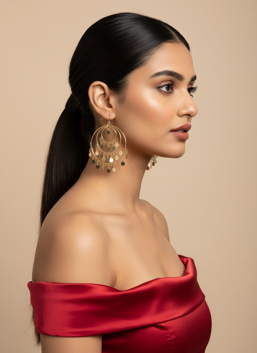 Trendy Gold Plated Multiple Round Shaped with Hanging Charms Hoops Earring for Women