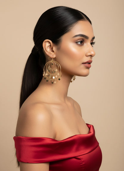 Trendy Gold Plated Multiple Round Shaped with Hanging Charms Hoops Earring for Women