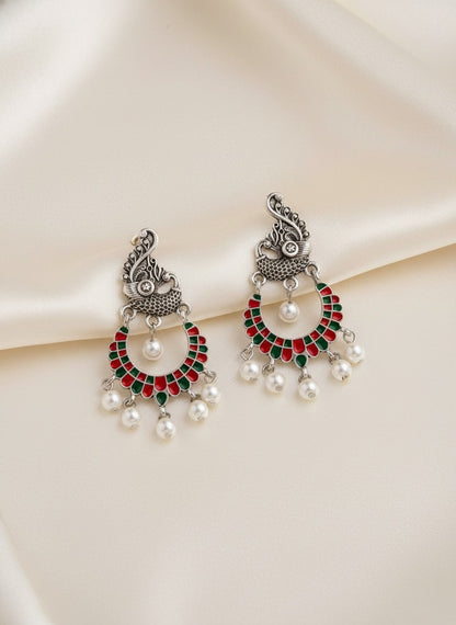 Silver Oxidized Peacock Designed Enamel Artwork with Dangling Pearl Antique Earring for Women - Festive Wear